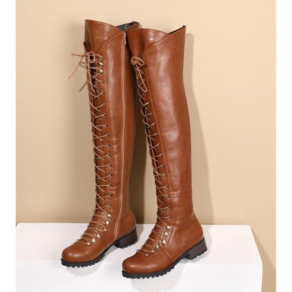 🆕Women's Brown Faux Leather Over The Knee Square Toe Thigh High Combat Boots - Picture 7 of 9